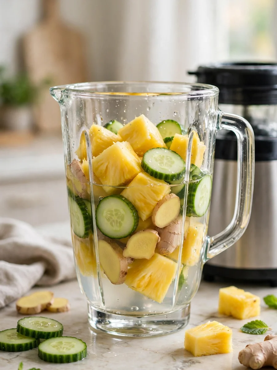 Pineapple, cucumber, ginger, and coconut water in a blender jar before blending
