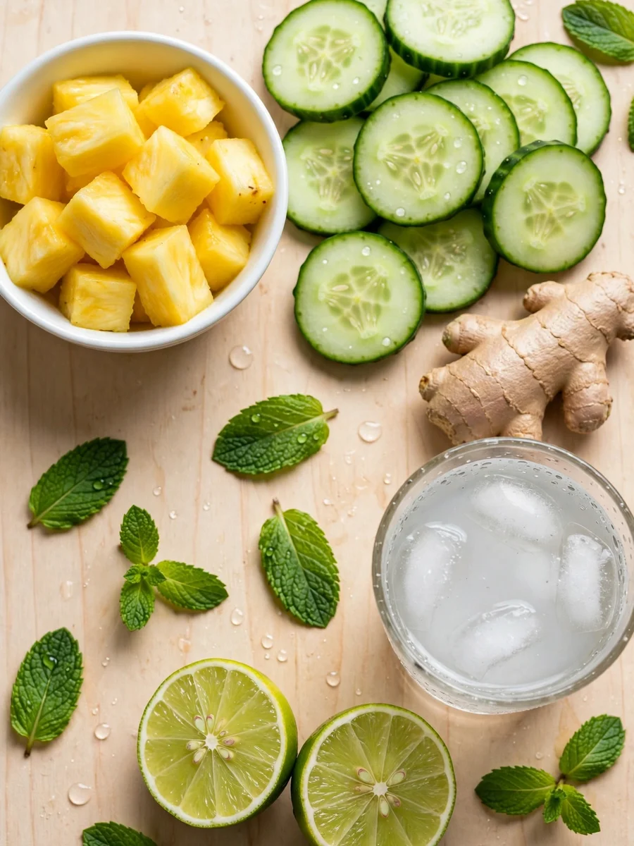 Fresh pineapple chunks, cucumber slices, ginger root, lime, mint, and coconut water on a wooden board
