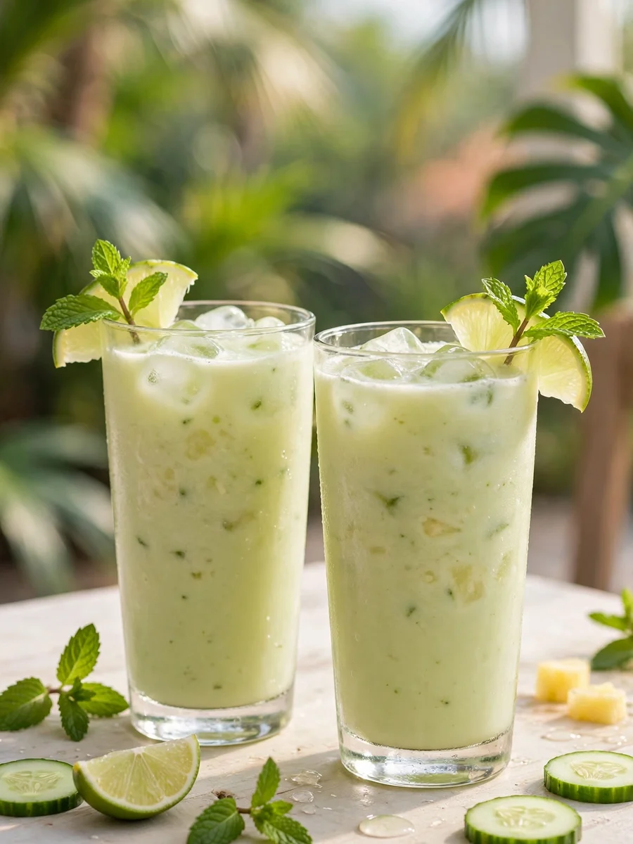 Two tall glasses of cucumber pineapple ginger coconut water drink with ice, mint, and lime