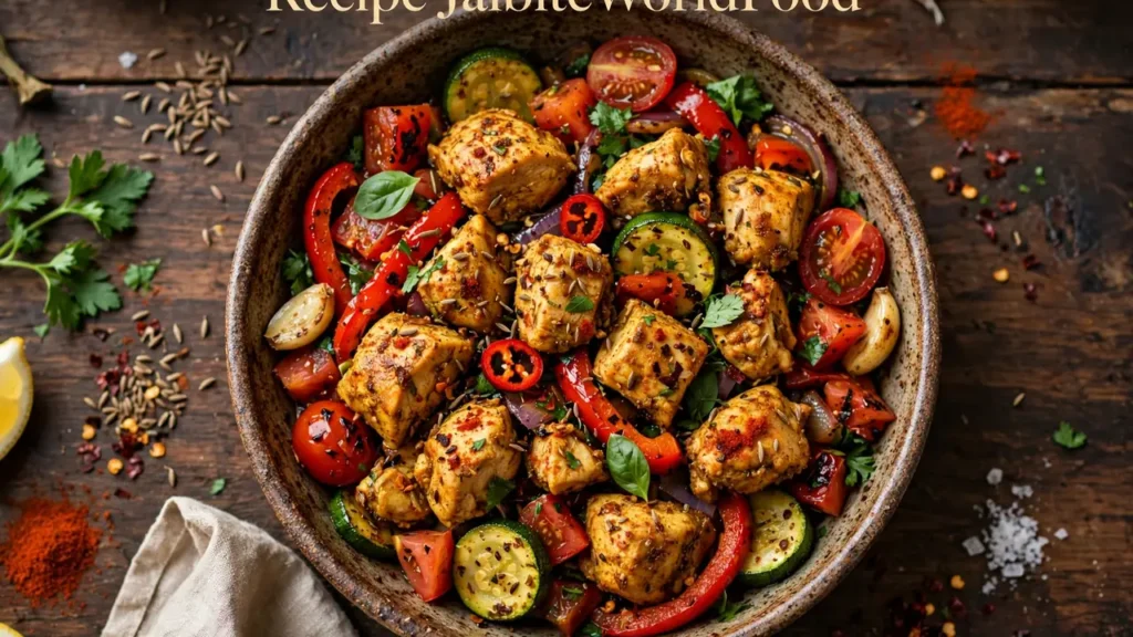 Recipe JalbiteWorldFood global fusion skillet with spiced chicken and colorful vegetables