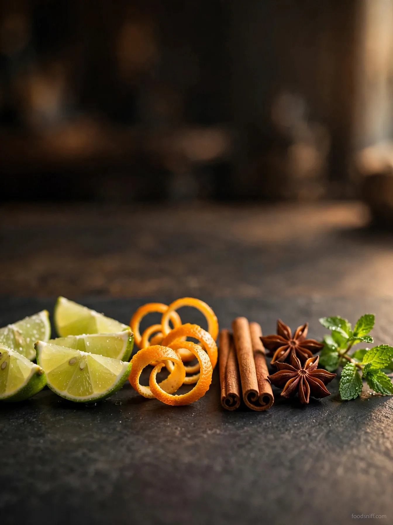 Cocktail garnishes for jalbitedrinks liquor: lime wedges, orange twists, cinnamon sticks, star anise, and mint
