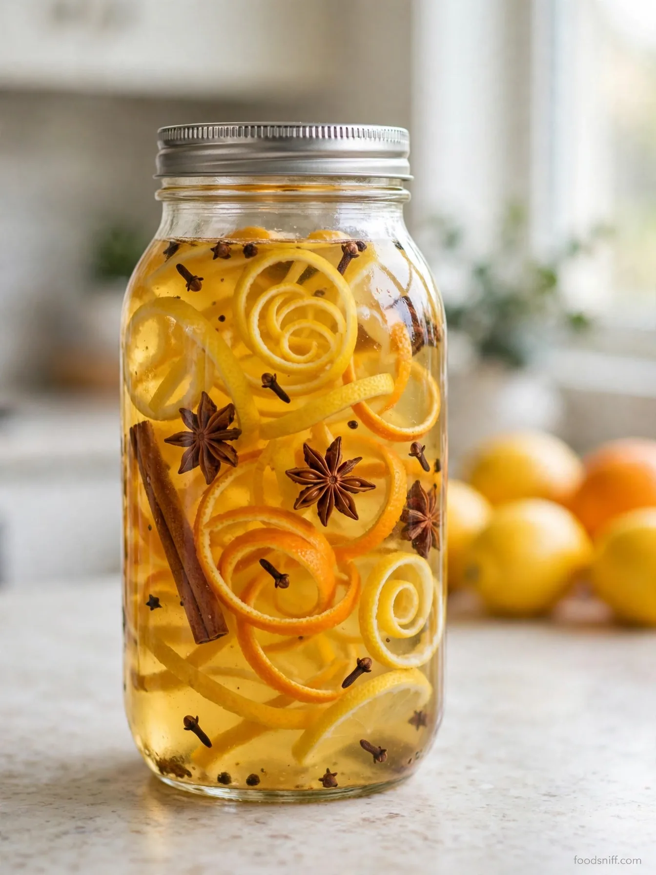Citrus zest and spices steeping in vodka in a glass jar for jalbitedrinks liquor