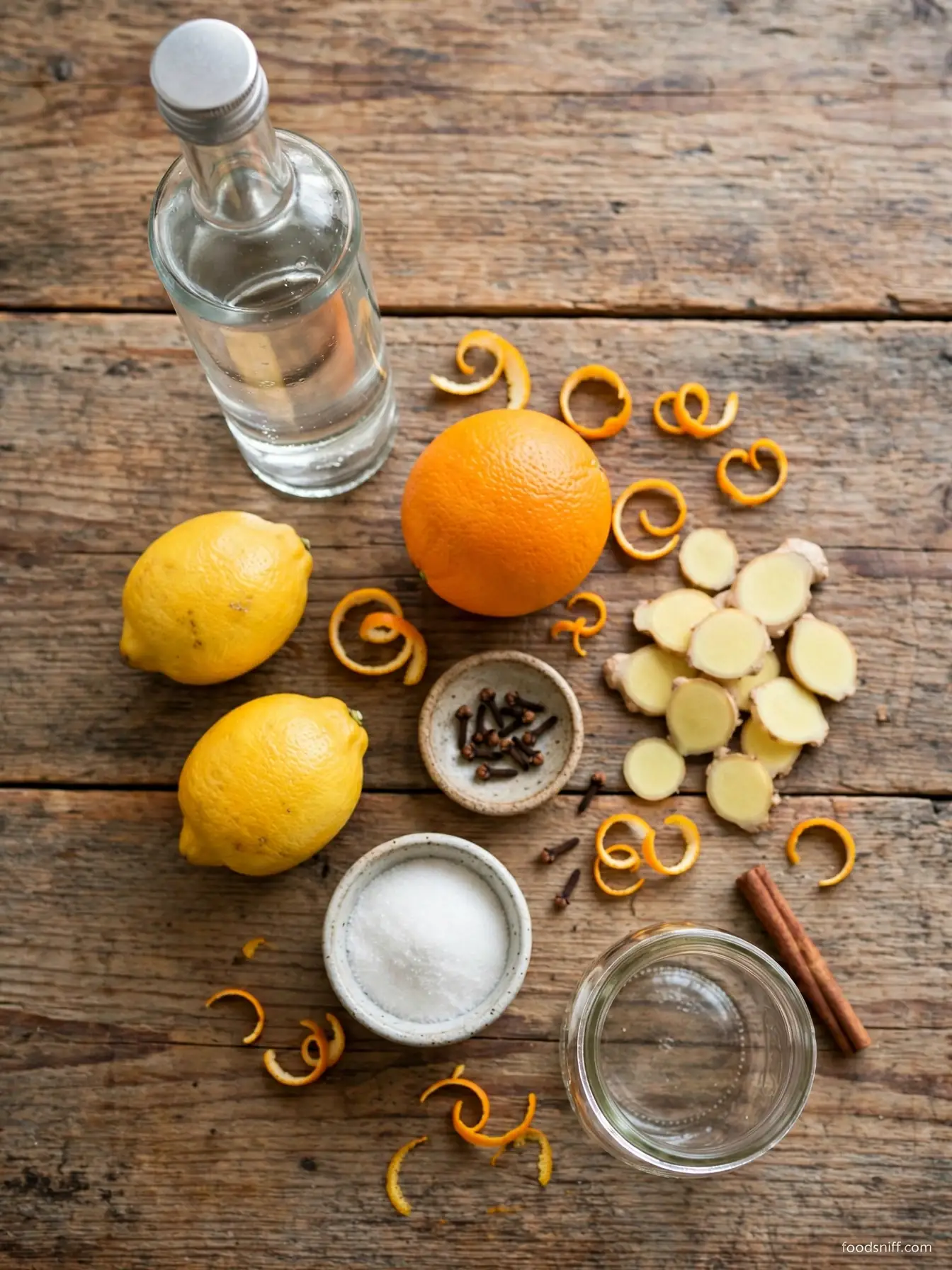 Ingredients for jalbitedrinks liquor: vodka, lemons, orange, cinnamon, cloves, ginger, and sugar