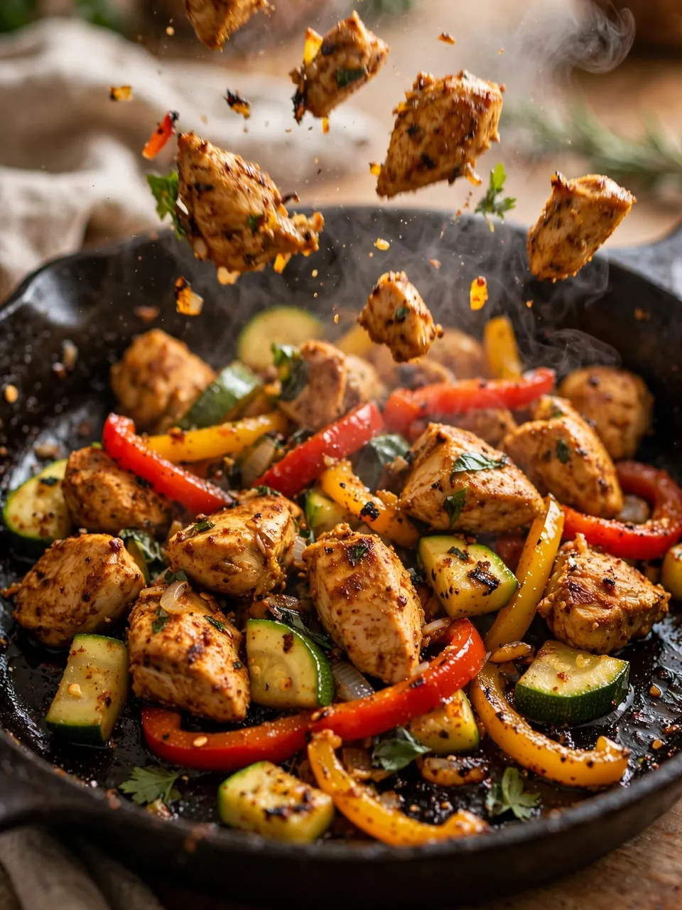 Spiced chicken and vegetables sizzling in a skillet while cooking jalbiteworldfood