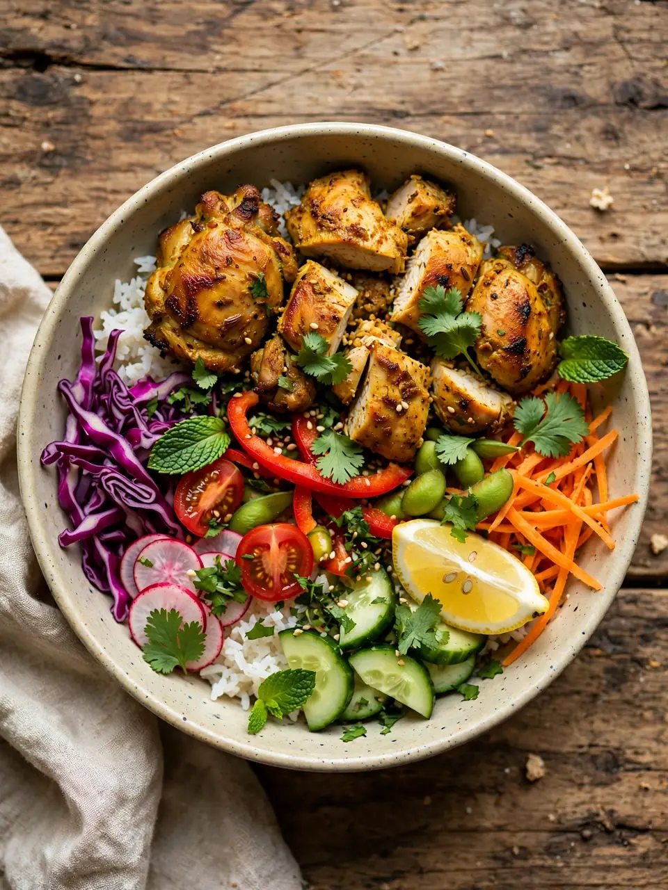 Finished jalbiteworldfood bowl with spiced chicken, rice, and fresh vegetables