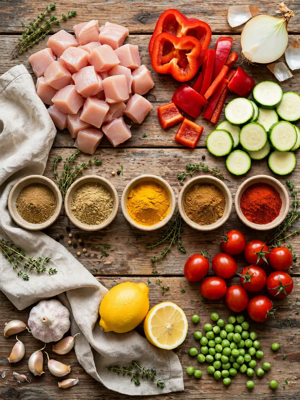 Flat lay of fresh jalbiteworldfood ingredients: chicken, peppers, zucchini, tomatoes, and warm spices