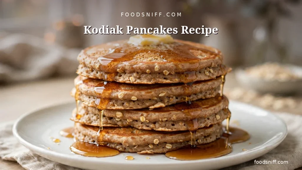Fluffy stack of Kodiak pancakes with butter and maple syrup