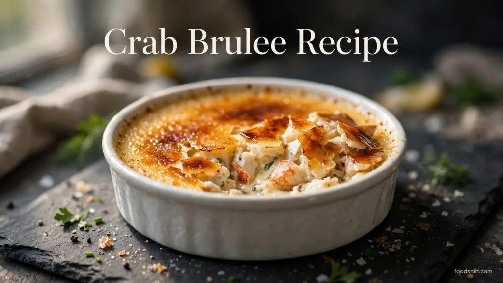 Savory crab brulee in a ramekin with a caramelized sugar crust