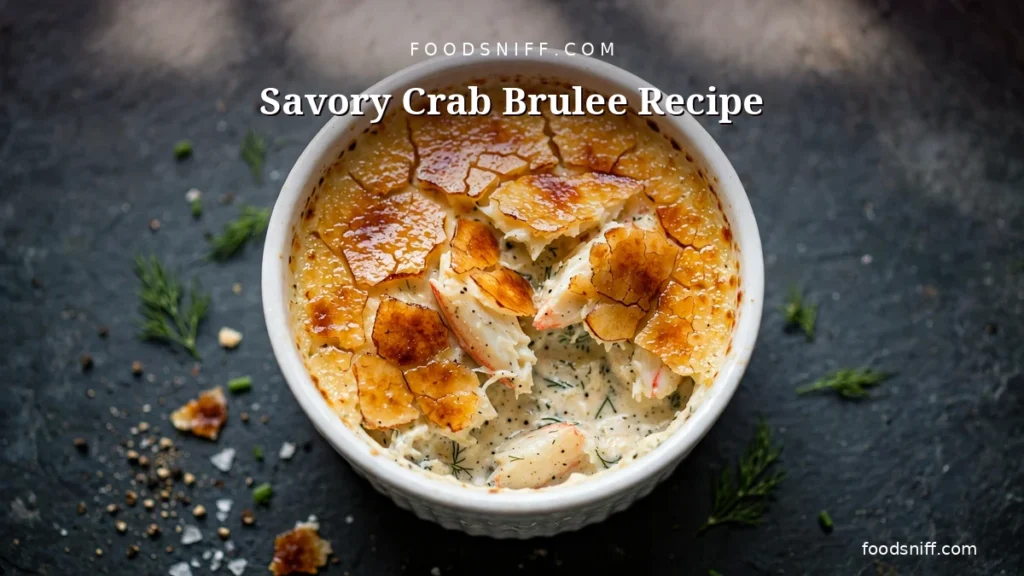 Savory crab brulee in a white ramekin with golden caramelized cheese crust