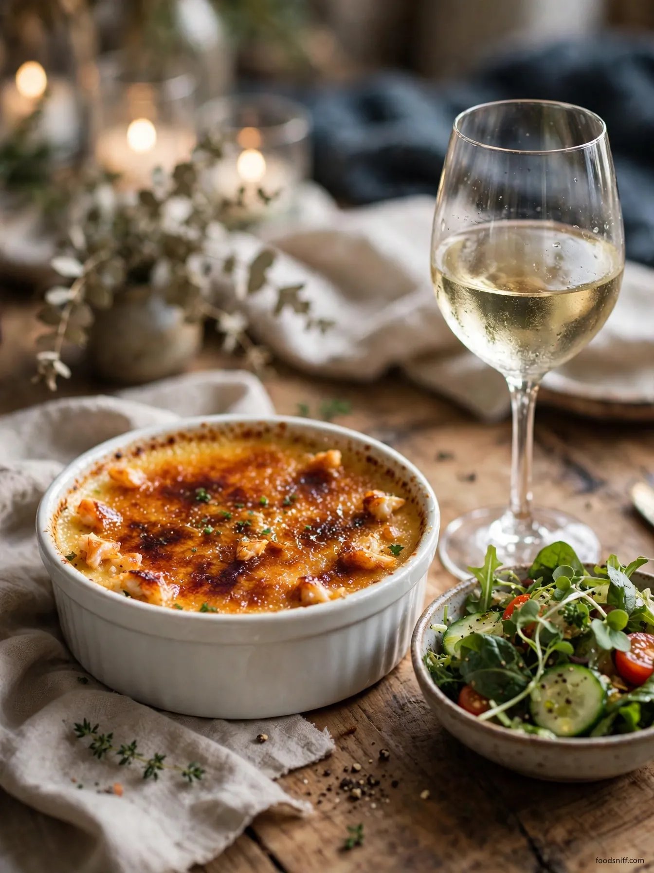 Crab brulee served with a glass of white wine and a fresh green salad
