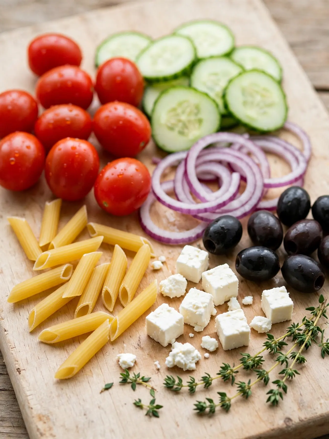 Fresh ingredients for thyme to cater pasta salad: cherry tomatoes, cucumber, olives, feta, and thyme on a wooden board