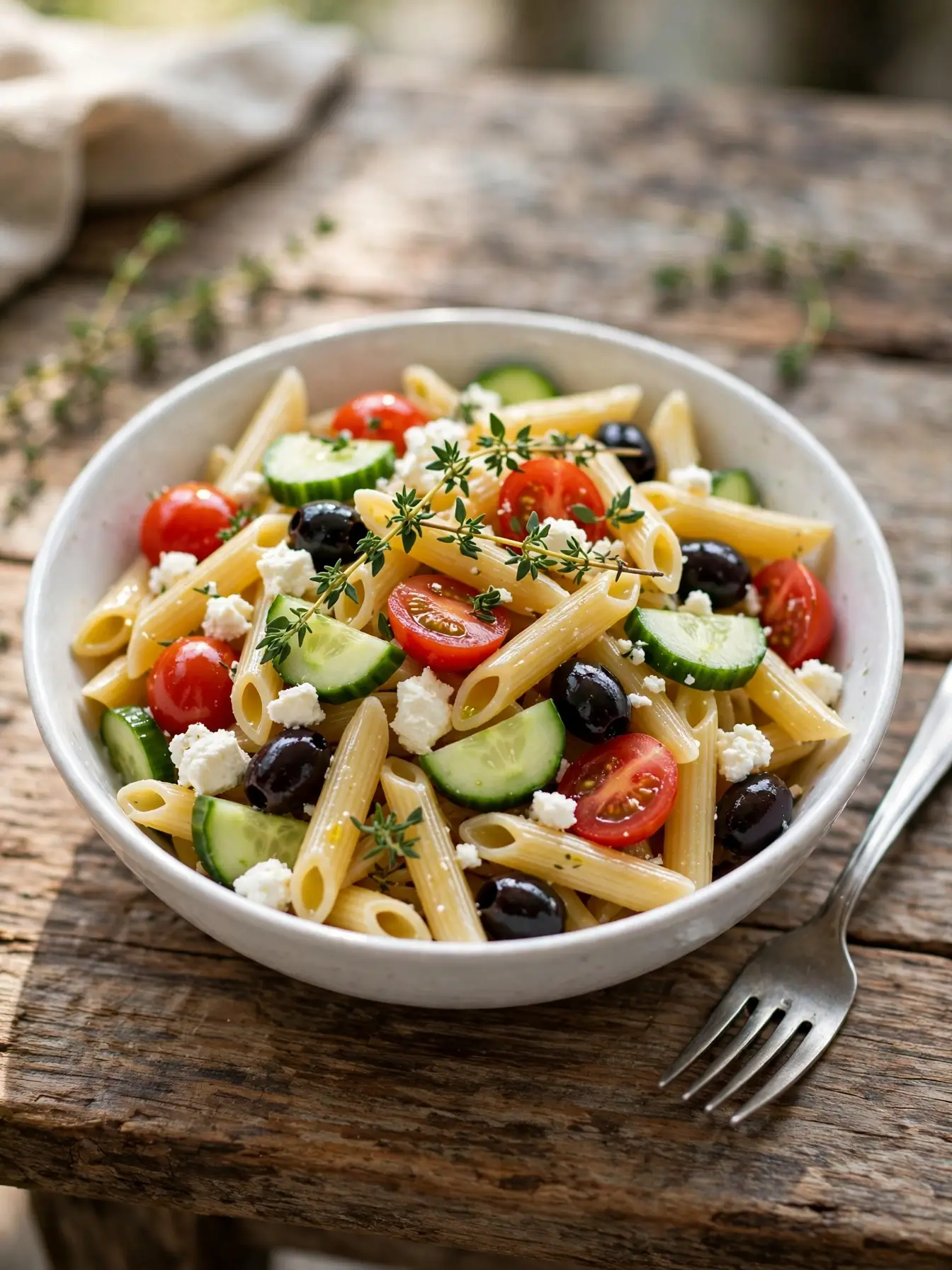 A served bowl of thyme to cater pasta salad garnished with fresh thyme sprigs