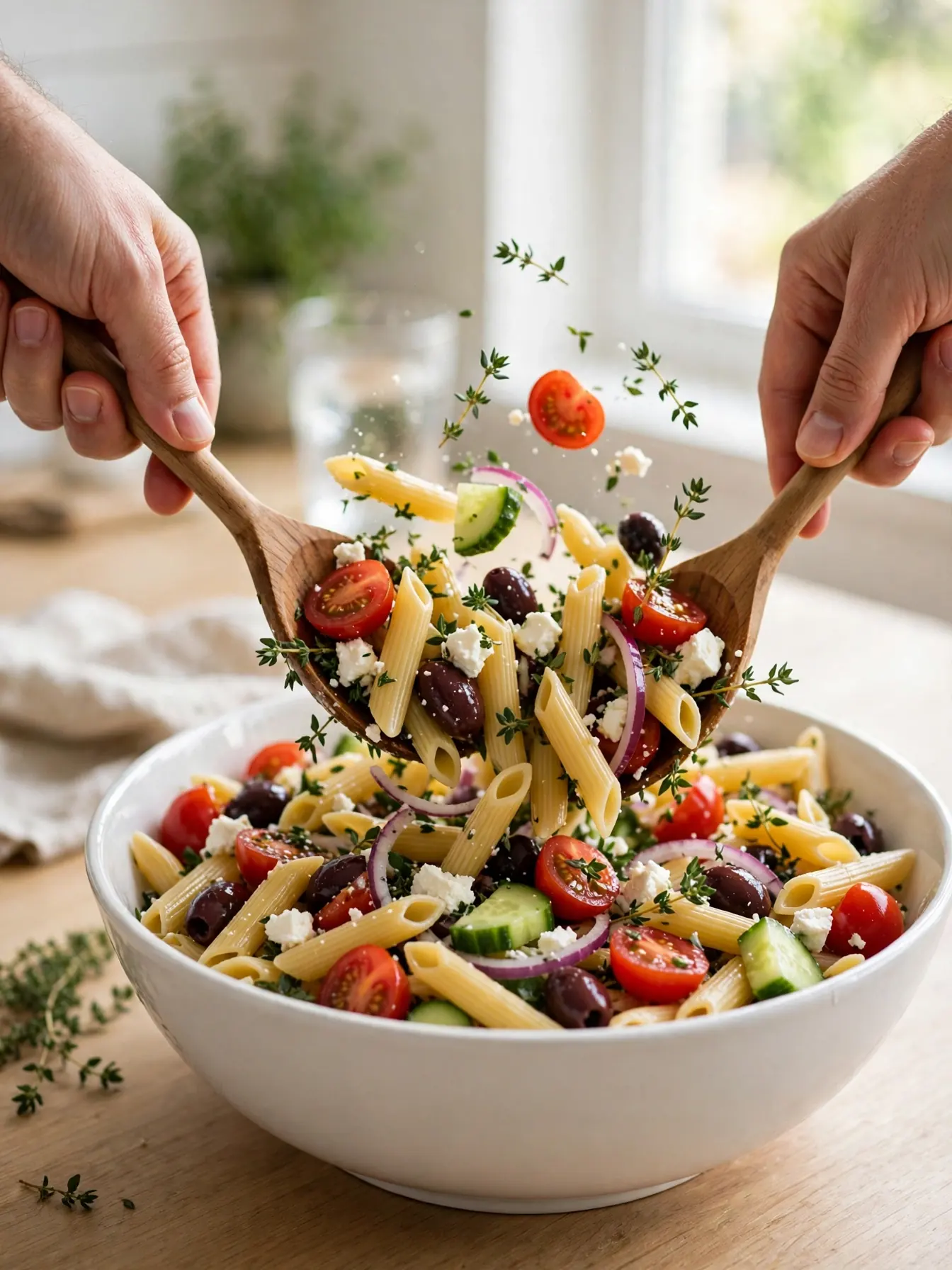 Tossing thyme to cater pasta salad with red wine vinaigrette in a large bowl