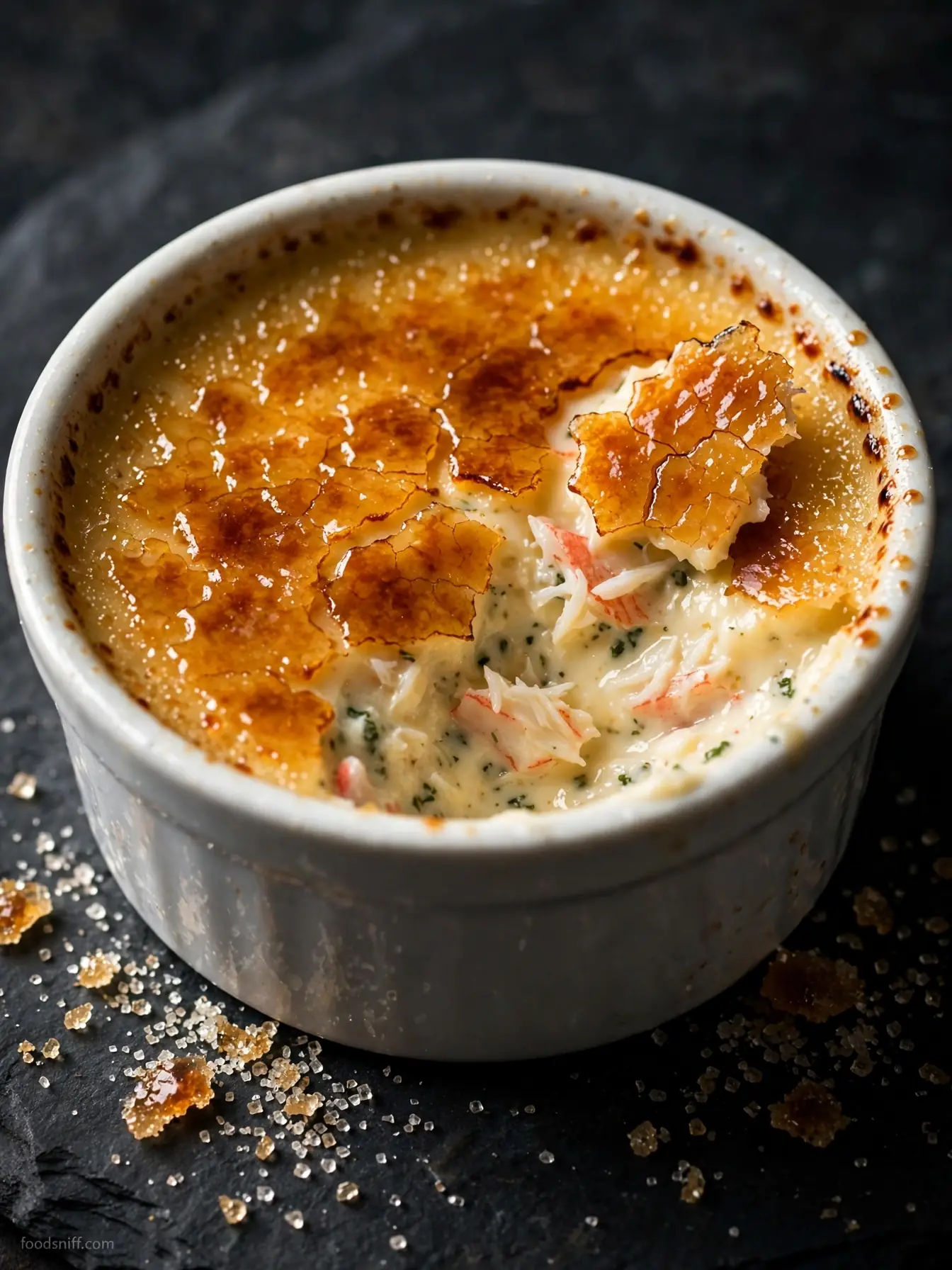Close-up of the caramelized sugar crust on crab brulee, cracked open to show the creamy custard