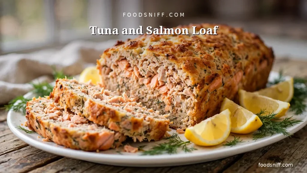 Sliced tuna and salmon loaf with lemon wedges and dill on a white platter