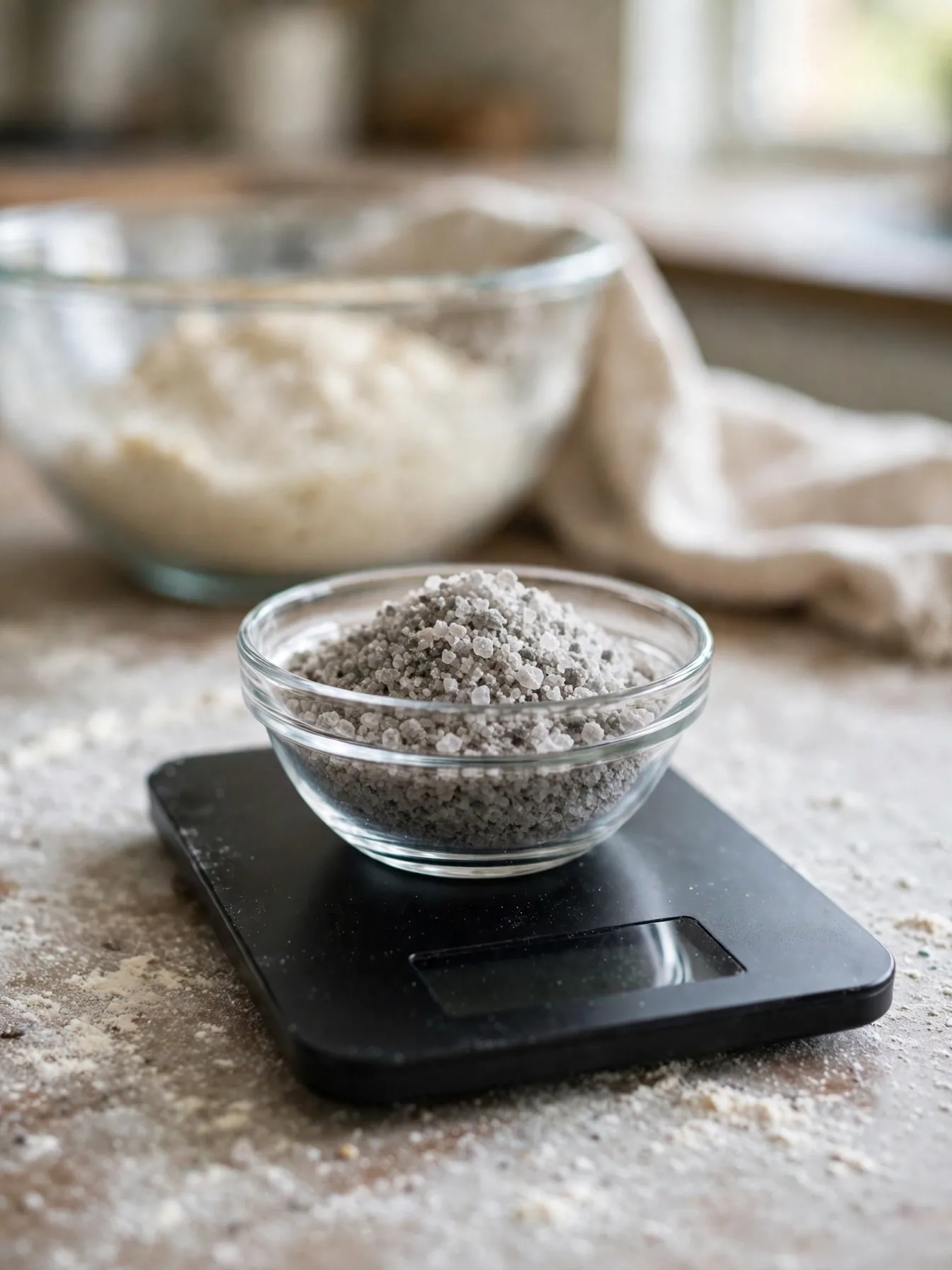 Coarse Celtic salt being weighed in a glass bowl on a digital kitchen scale